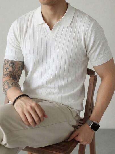 男士夏季 Polo 领短袖针织衫，新款白色竖条纹飞机领短袖毛衣 T 恤