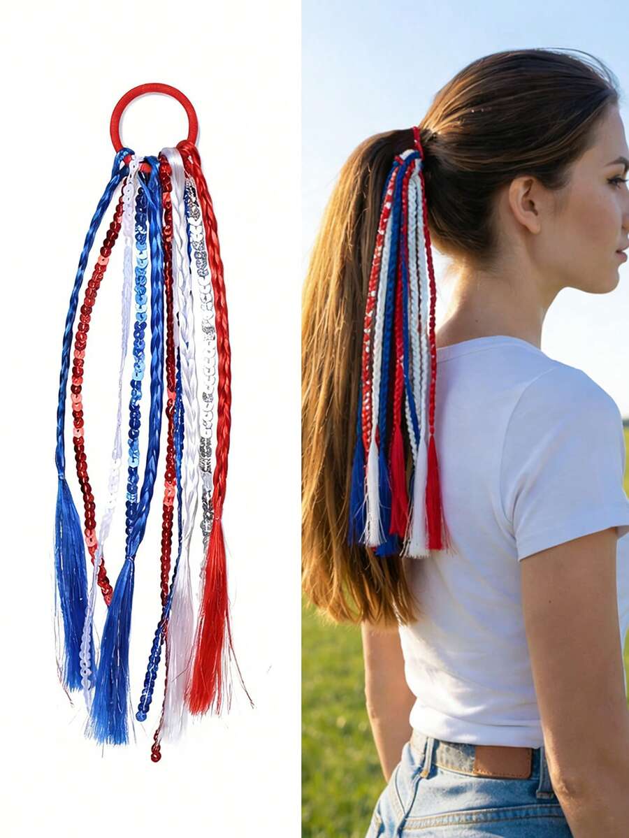 2pcs/1pc Patriotic Red White Blue Elastic Hair Ties With Tassels, Suitable For July 4th, Memorial Day, Independence Day And Holiday Parties, Women's Hair Accessories, DIY Holiday Crazy Party Braids, Red White Blue Hair Accessories Ponytail Tie Decoration, Memorial Day Independence Day Women Girls Gift