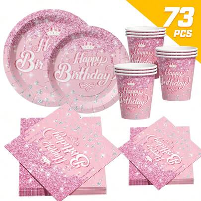 Pink Crystal Crown Happy Birthday Disposable Plate, Napkin, Cup Set, Plates, Napkins And Cups Party Supplies, Fits 16 Guests, Disposable Paper Plates Party Tableware Suitable For Birthday, Wedding, Party, Family Picnic