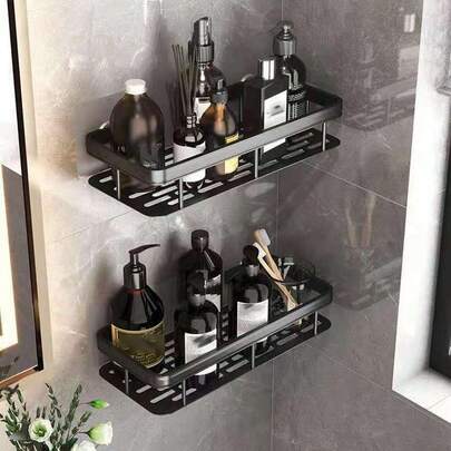 1 pieza Estantería de baño montada en la pared, hecha de material metálico, estante de ducha de gran capacidad, estante de almacenamiento de artículos de tocador, estante de almacenamiento de baño y cocina, estante de drenaje hueco, estante de almacenamiento de botellas, almacenamiento de pared de baño, adecuado para baño, cocina, balcón, tocador, área de ducha, instalación sin taladrar