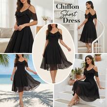 Fitglam Cute Women's Chiffon Short Dress Spaghetti Straps Party Dress A-Line V-Neck Homecoming Graduation Dress - 黑色 - 查看 2
