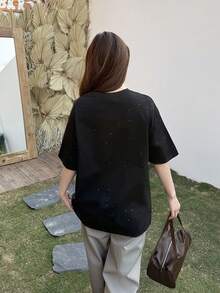 Áo thun nữ tay ngắn cổ tròn dáng rộng, đơn giản, kiểu Mỹ cổ điển, màu đen phối tương phản lấp lánh, phù hợp cho học sinh, mặc thường ngày mùa xuân/hè. - màu đen - Xem 2
