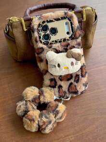 SANRIO Ốp điện thoại họa tiết da báo, lông xù, hình mèo KT, tương thích với Apple 17PROMAX/16pro/15/14/13/12/11, có khe giữ ống kính, thiết kế mèo báo lông xù, ốp điện thoại ấm áp cho mùa thu/đông. - Nhiều màu - Xem 6