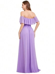 EVERPRETTY Elegant Off Shoulder Ruffle High Slit Bridesmaid Dress Wedding - Lilac Purple - View 4