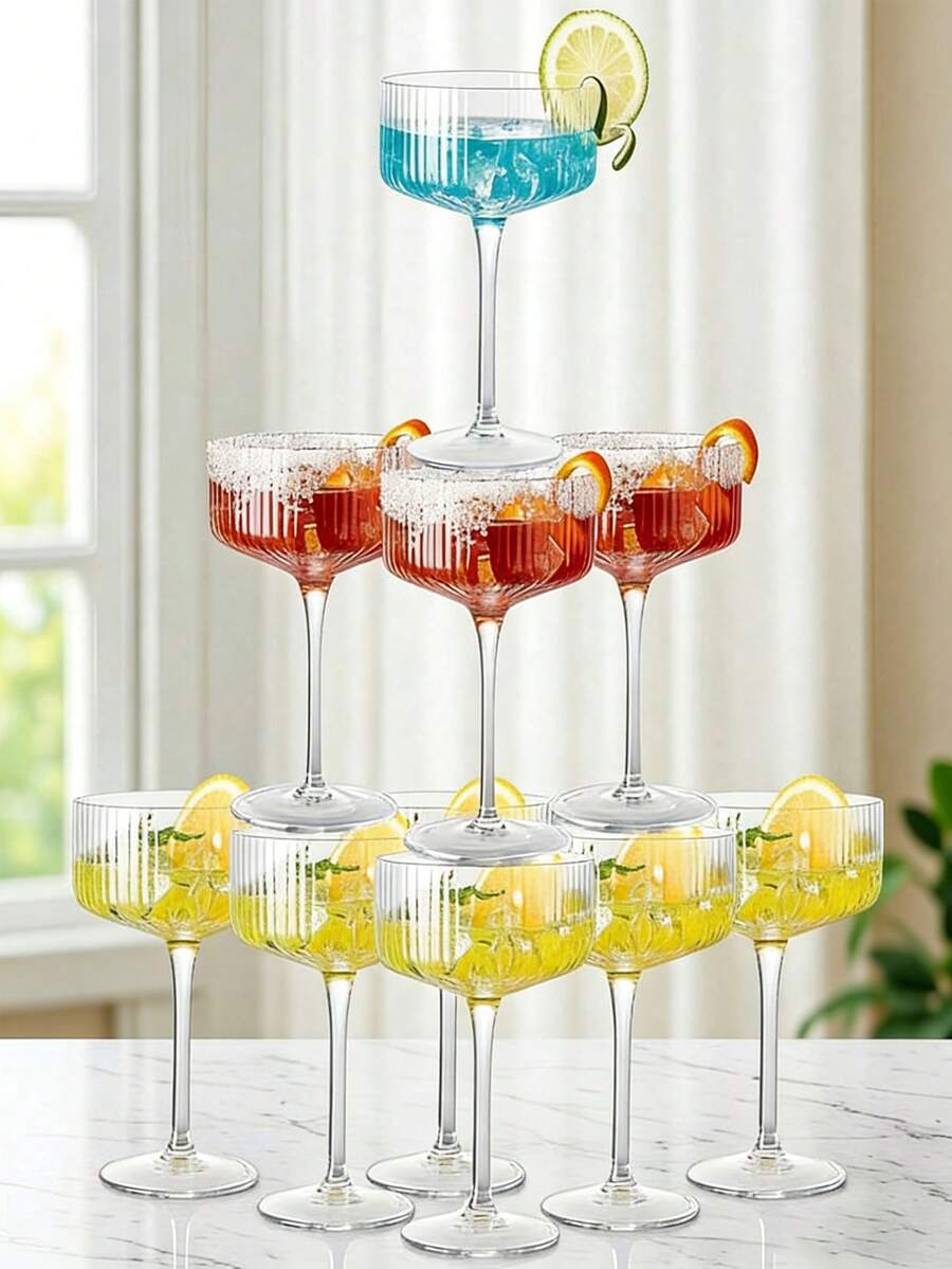 1/5/10pcs Creative Champagne Tower Plastic Cups, Ribbed Vintage Martini Champagne Cocktail Glasses 10oz Unbreakable Plastic Champagne Flutes Set, Suitable For Wedding Birthday Party Bar Cocktail, Beer, Beverage, Dessert And Other Containers. Elegant Artistic Decoration Champagne Glasses For Wedding Party - View 1