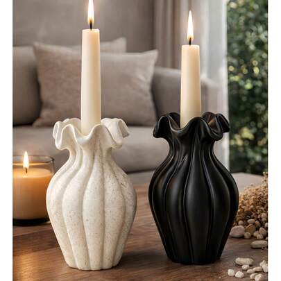 1 Set Black & White Sculptural Wave Pattern Candle Holder, Suitable For Home Decor, Wedding Decor, Candles Not Included