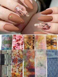 10片/包 复古宫廷风花叶蕾丝美甲箔转印贴纸 古诗水彩渐变大理石纹理剪影画 春夏浪漫婚礼美甲DIY美甲用品 女士及女孩适用（不粘手） - 彩色 - 查看 5