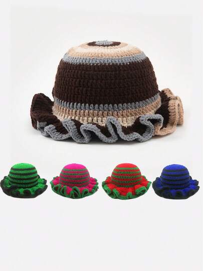 قبعة بيني محبوكة بألوان متباينة مع حافة مجعدة، قبعة دلو محبوكة بالكروشيه متعددة الاستخدامات