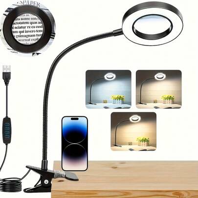 10x Magnifying Glass With Light, Clip On Magnifying Glass With Light, 3 Color Modes With Adjustable Brightness And Arm Adjustment Design, Desktop Magnifying Glass With Clip, 3 Modes With Adjustable Dimming LED Headlights, Suitable For Bedside Work, Craft Production, DIY Maintenance, Bedroom, Study, Reading And Office Lighting