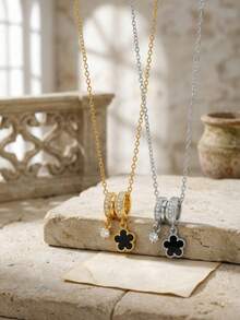 Dây chuyền hình cỏ bốn lá may mắn bằng thép không gỉ, đính đầy đá quý. - Nhiều màu - Xem 3