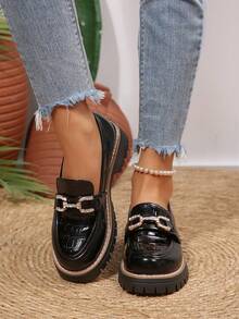 Mocasines de plataforma de moda, diseño de hebilla con diamantes de imitación brillantes, zapatos casuales tipo slip-on con tacón cuadrado, adecuados para el trabajo, citas y múltiples ocasiones, decoración de hebilla con diamantes de imitación en relieve brillante, estilo versátil para el uso diario, estilo universitario - Negro - Ver 3