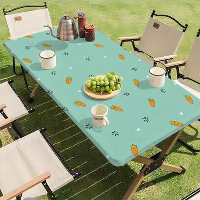 1pc Carrot Pattern Rectangular Tablecloth, Waterproof, Oil-Proof, Easy To Wipe, Elastic Tablecloth Suitable For Outdoor Garden, Picnic, Camping, Patio Party, Birthday Party, Kitchen Textile