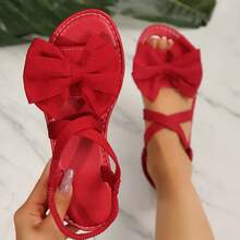 New Arrival Plus Size Women Comfortable Simple Round Toe Criss-Cross Elastic Bow Decor Flat Sandals, Casual Fashion Outdoor, Beach, Summer - Màu Đỏ Sâu - Xem 10
