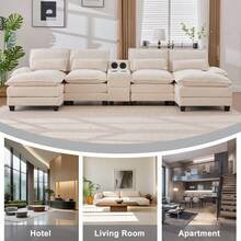 Modern Large 126.77" U-Shaped Chenille Cloud Sofa With 2 Recliners, Soft 4-Seat Modular Sectional Sofa Bed With Cushioned Pillows And Storage Table, Ergonomic Design, Durable Solid Wood Frame, Suitable For Living Room, Bedroom, Apartment(Beige) - Beige - View 9