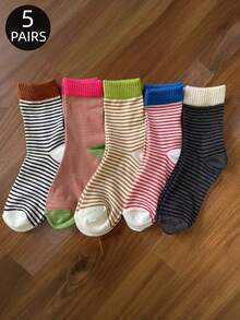 3/5/6/8/10/15/20 Pairs Women's Casual Striped Mid-Calf Socks, Retro Style Socks With Colorful Contrast, Suitable For Office, Casual Wear, Matching With Shoes, Dresses, Sportswear - Spring/Summer - Multicolor - View 27