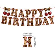 樱桃主题生日派对横幅 - 豹纹“生日快乐”标牌，饰以樱桃和蝴蝶结图案，包含“生日快乐”字样、樱桃、蝴蝶结和糖霜装饰，适合成人生日派对和周年纪念庆祝活动。 - A - 查看 14