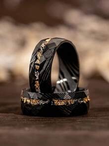 1枚8毫米大马士革陨石碎金叶男士结婚黑色锤纹戒指，蓝色星系宇宙镶嵌戒指，宇宙周年纪念订婚承诺镶嵌戒指，送给他的礼物 - 黑色 - 查看 7