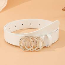 Cinto de cintura com 3 argolas decorado com strass dourado, cinto casual e versátil para calças femininas, Pu. - branco - Ver 2