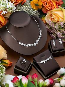 DV JEWELRY 5件套弹力首饰套装，镀白金立方氧化锆奢华项链、手链、耳环、开口戒指，优雅首饰套装，礼盒包装，适合女性、派对、周年纪念等场合 - 銀色 - 查看 2