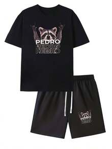 2 Piece Sets Woman Pedro Raccoon Print Men's Short Sleeve T-Shirt And Drawstring Shorts 2pcs Casual Sportswear Set, Suitable For Spring And Summer Outfits Vacation Outfits Women - màu đen - Xem 2