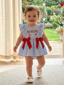 Baby Girl 4th Of July Outfit American Flag Bubble Romper Short Sleeve Patriotic  Fourth Of July Outfit Baby Girl 4th Of July Outfits Newborn Smocked Bubble Romper Bodysuit Ruffle American Flag Memorial Day Outfit - Màu xanh lam - Xem 1