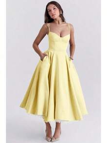 Women's Elegant Double Layered Flowy Dress, Classic Full Skirt A Line Swing Midi Gown, Lightweight Premium Casual Formal Dress, Modest Chic Party Wedding Guest Bridal Shower Evening Daily Outfit S-2XL - 黃色 - 查看 1