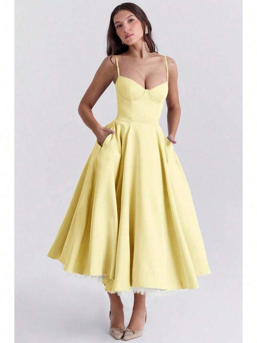 Women's Elegant Double Layered Flowy Dress, Classic Full Skirt A Line Swing Midi Gown, Lightweight Premium Casual Formal Dress, Modest Chic Party Wedding Guest Bridal Shower Evening Daily Outfit S-2XL - 黃色 - 查看 1