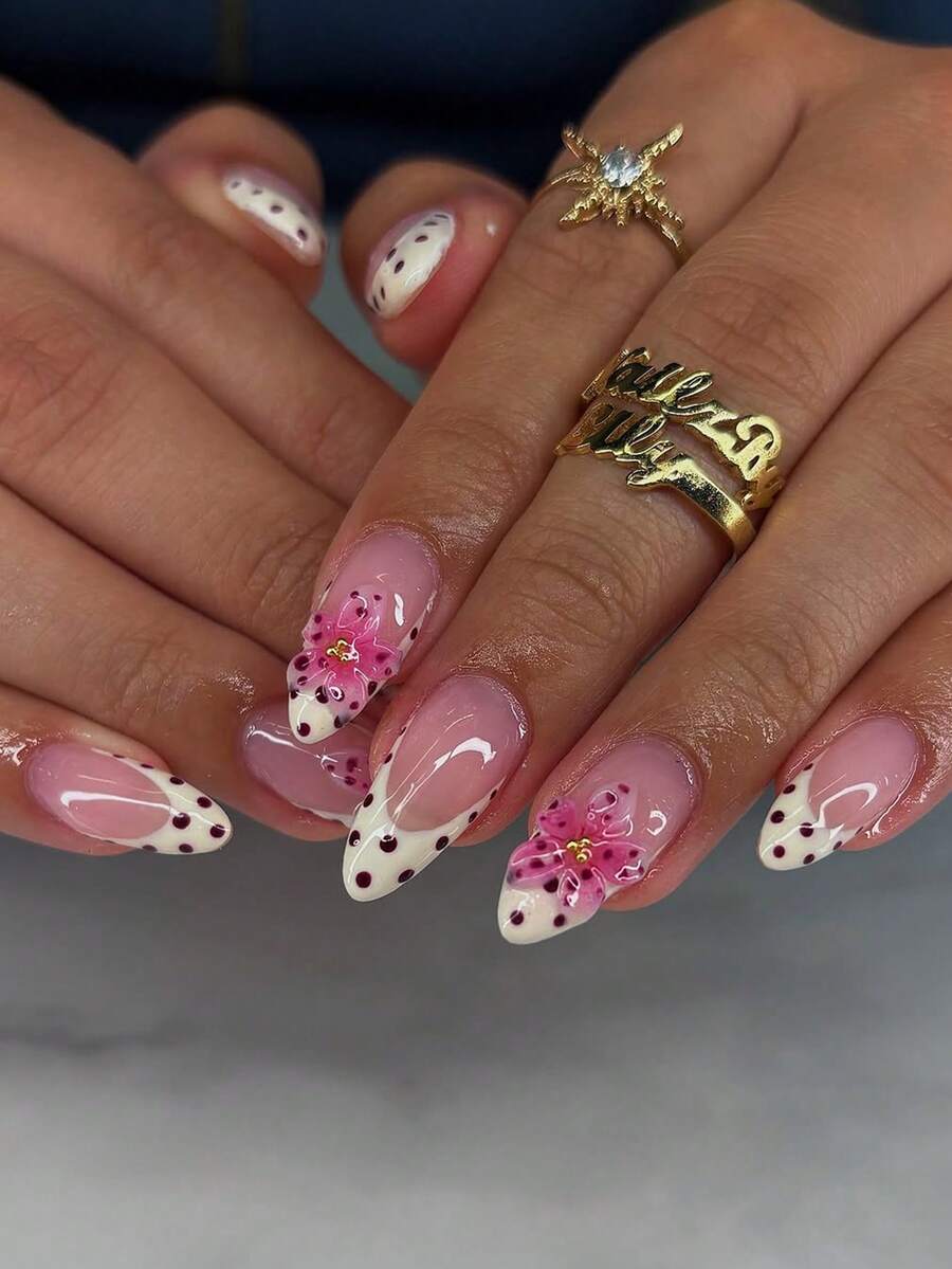 Handmade 3D Floral Polka Dot Bright Pink Almond-Shaped Medium-Length False Nails, Nail Art Stickers For Women - 米色 - 查看 1