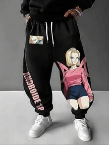 Android-18 Graphic Print Pants With Pocket,The Best Gift,Comfortable To Wear,Pantalones De Hombre,Unisex Anime Pants,Baggy Sweatpants,Baggy Sweats,Pans Hombre,Ropa De Hombre,Men's Sweatpants,Men's Trousers,Sports Bottoms - 黑色 - 查看 2