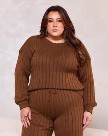 Plus Size Women's Ribbed Knit Set For Winter - Blouse And Wide-Leg Pants - Camel - View 2