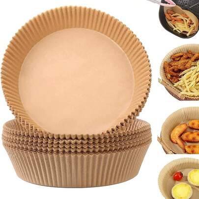 Bộ 50/100 miếng, Giấy lót nồi chiên không dầu dùng một lần, Giấy thấm dầu màu vàng, Giấy nướng chống dính cho nồi chiên không dầu, Miếng lót giấy tròn cho nồi chiên không dầu, Giấy nướng chống dính dùng trong lò vi sóng, Phụ kiện nhà bếp, Dụng cụ