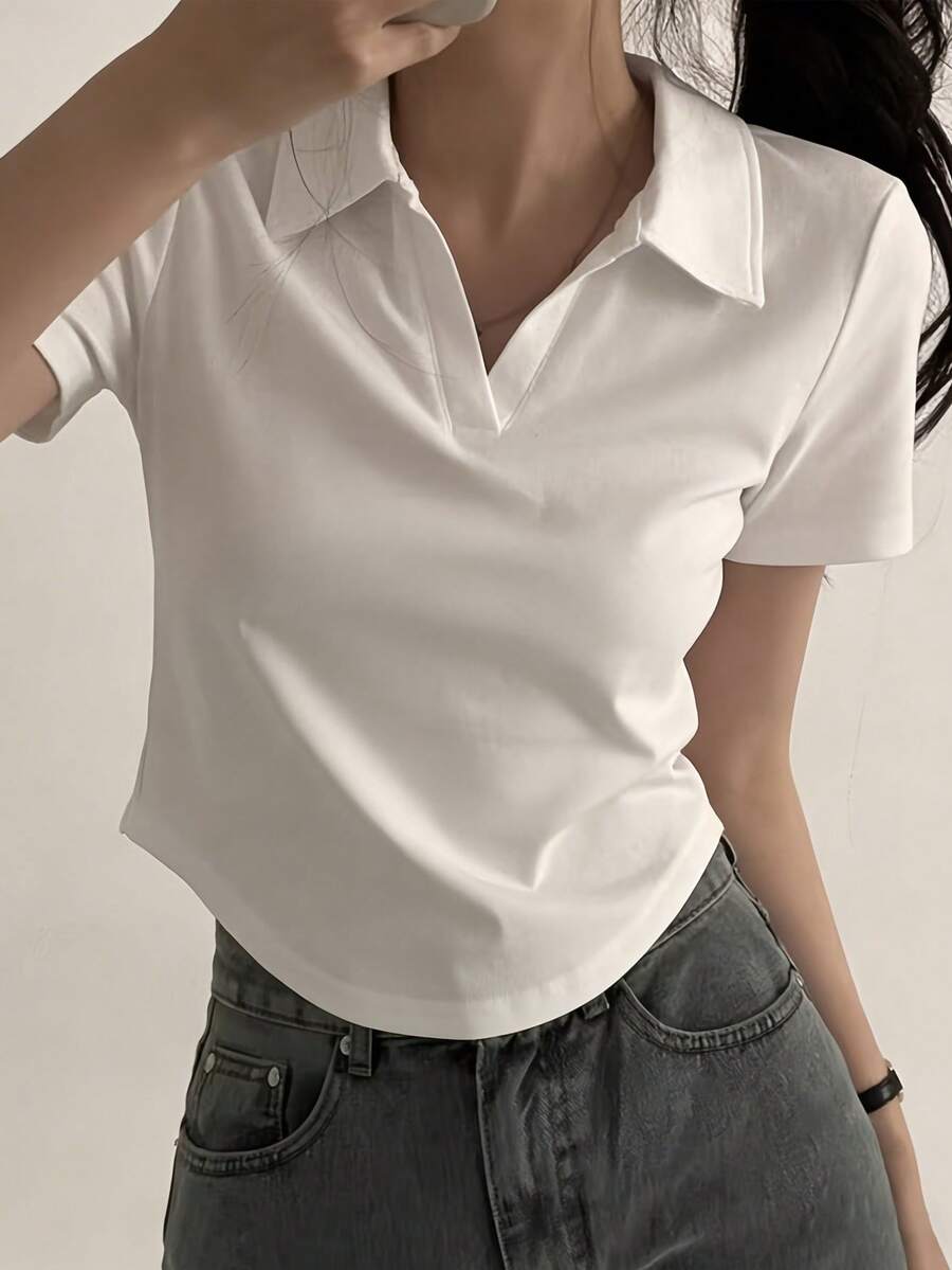 Women's Casual Short Sleeve White Polo Shirt, Asymmetric Hem, High Stretch Fabric, Fitted Sexy Style Crop Top, Suitable For Leisure & Daily Wear Summer - White - View 1