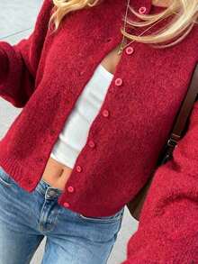 FOR BEAUTY Autumn New Solid Color Round Neck Single-Breasted Long Sleeve Knit Cardigan, Gentle, Elegant, Romantic, Casual, Lazy, Fashionable, Minimalist Versatile, Suitable For Outings, Valentine's Day Dates, Commuting And Various Occasions.This Cardigan Is An Ideal Choice For Women's Spring Wear. - Đỏ - Xem 4