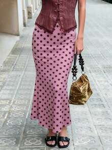 LOVE JOYY 女士时尚波点印花美人鱼粉色长裙，优雅修身长裙，完美适合夏季日常出行、通勤、约会和度假穿着 - 粉色 - 查看 4