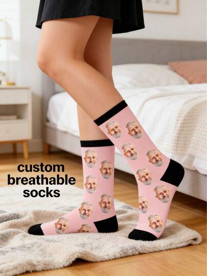 1 Pair Customized Socks With Cute Ear And Heart Prints On Both Sides, High-Quality Personalized Portrait Printing, Seamless Design For Comfort And Fit, Unique Gift To Embody Precious Memories As A Wearable Symbol Of Love