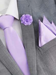 ZLQ&GOU Set de 3 piezas de corbata de poliéster color lavanda púrpura, alfiler de solapa y pañuelo de bolsillo para hombre, vestimenta formal para boda, fiesta, regalo, festival, regalo de graduación - Púrpura malva - Ver 7