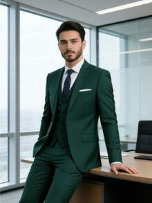 Men's 3-Piece Suit Set (Jacket + Vest + Trousers) - Formal Attire Ideal For Business Meetings And Sophisticated Gatherings; Perfect For Grooms And Groomsmen. - Màu xanh lá cây đậm - Xem 2