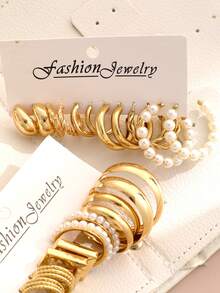 36件套时尚简约优雅复古几何结饰仿珍珠方形多层扭曲粗犷光滑简约金属C形耳环套装，适合假日、派对、约会、日常佩戴 - 金黃色 - 查看 4