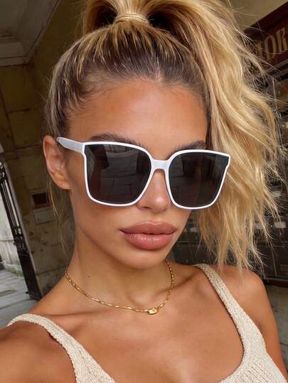 1 Pair Unisex Square Large Frame White Fashion Sunglasses, Suitable For Street Style, Travel, Vacation, Sports, Driving, Festivals, Beach, EDM, Outings, Summer Accessories, Family Trips, UV Protection, Golf, Hiking, Elegant Attire, Vacation Vibe, Sports, Parties, Outdoor Activities, Street Style, Fishing, Outdoor Activities, Holidays, Sun Protection, Vacation