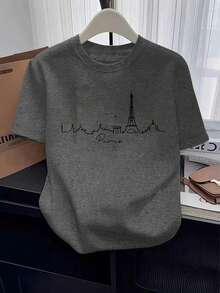 巴黎风景剪影设计女式T恤，巴黎时尚系列艺术印花短袖休闲上衣，巴黎图案T恤，女式衬衫 - 深灰色 - 查看 1
