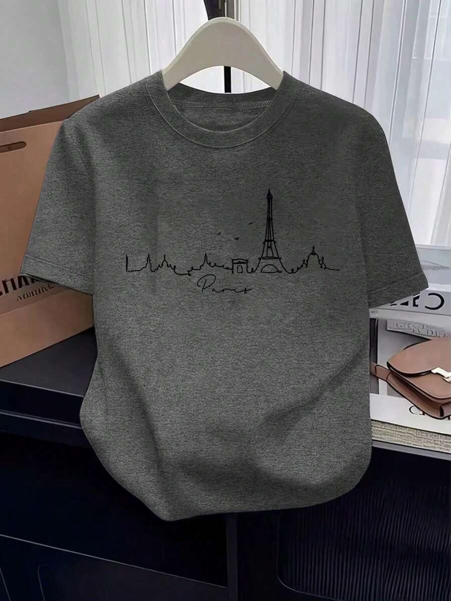 巴黎风景剪影设计女式T恤，巴黎时尚系列艺术印花短袖休闲上衣，巴黎图案T恤，女式衬衫 - 深灰色 - 查看 1