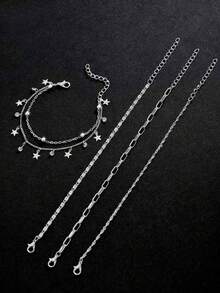 Fashionable Minimalist Silver Rhinestone Star Pendant Bracelet Set, Decorative Jewelry For Women, Daily, Date, Party, Great Gift For Female Friends - Star Zirconium 5 Layers 4 Pieces Bright Silver - View 2