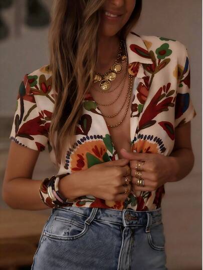 Camisa de mujer de manga corta con estampado - Elegante cuello vuelto, parte superior de poliéster con botones para vacaciones de verano