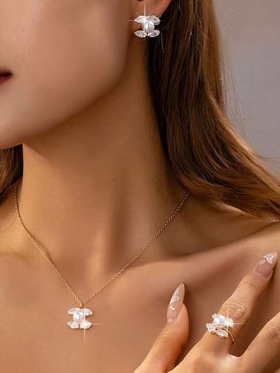 4 piezas Conjunto de joyería minimalista chapado en oro con circonita en forma de marquesa - Elegante collar con colgante de perla artificial, aretes de botón y conjunto de anillos, accesorios de declaración para uso diario, nupcial, boda y fiesta de mujeres