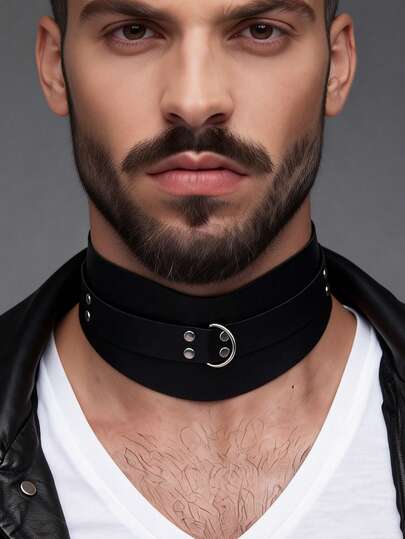 Men Black PU Leather Choker With O Ring And Studs Decor Punk Style Body Accessory