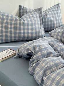 4pcs/Set, Plaid Design Blue Minimalist Style Soft & Thick High-End Bedding Set (1 Duvet Cover + 1 Bed Sheet + 2 Pillowcases), Not Including Quilt & Pillows, Random Printed Pillowcase Pattern - Dusty Blue - View 10