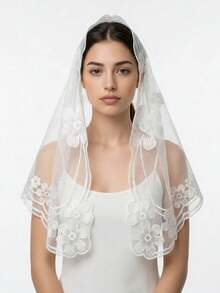 1pc Solid Color Floral Lace Mesh Embroidered Shawl Scarf,Beach,Holiday - White - View 2