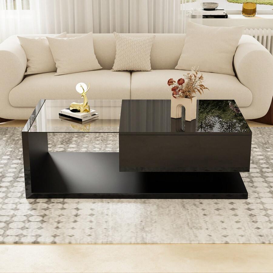 High-Tech Flair Coffee Table / Modern High-Gloss Coffee Table / Living Room Table / Glass Top, With Drawer / Suitable For Living Rooms And Office Areas - Hitam - View 1