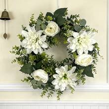 1 pièce Couronne artificielle de 20 pouces de grande marguerite et de pivoine, décoration de feuilles d'eucalyptus, couronne de fleurs artificielles pour la maison, le mariage, la fête, le porche, le mur, la fenêtre - Couronne de fleurs blanches artificielles - Voir 1