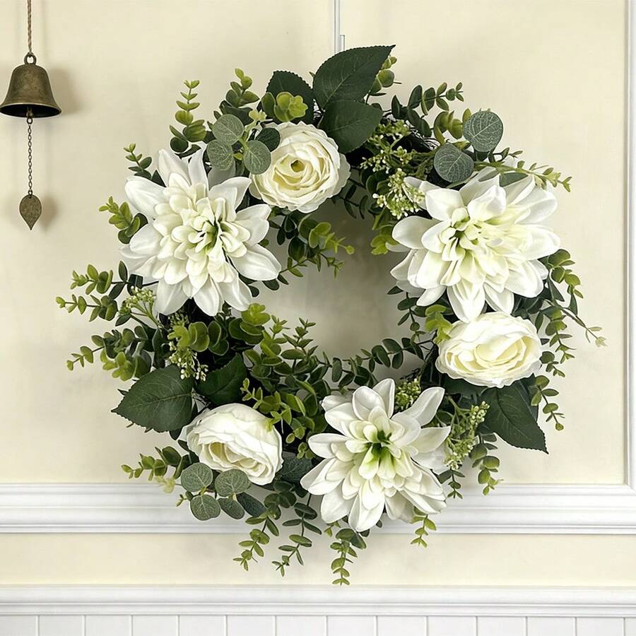 1 pièce Couronne artificielle de 20 pouces de grande marguerite et de pivoine, décoration de feuilles d'eucalyptus, couronne de fleurs artificielles pour la maison, le mariage, la fête, le porche, le mur, la fenêtre - Couronne de fleurs blanches artificielles - Voir 1